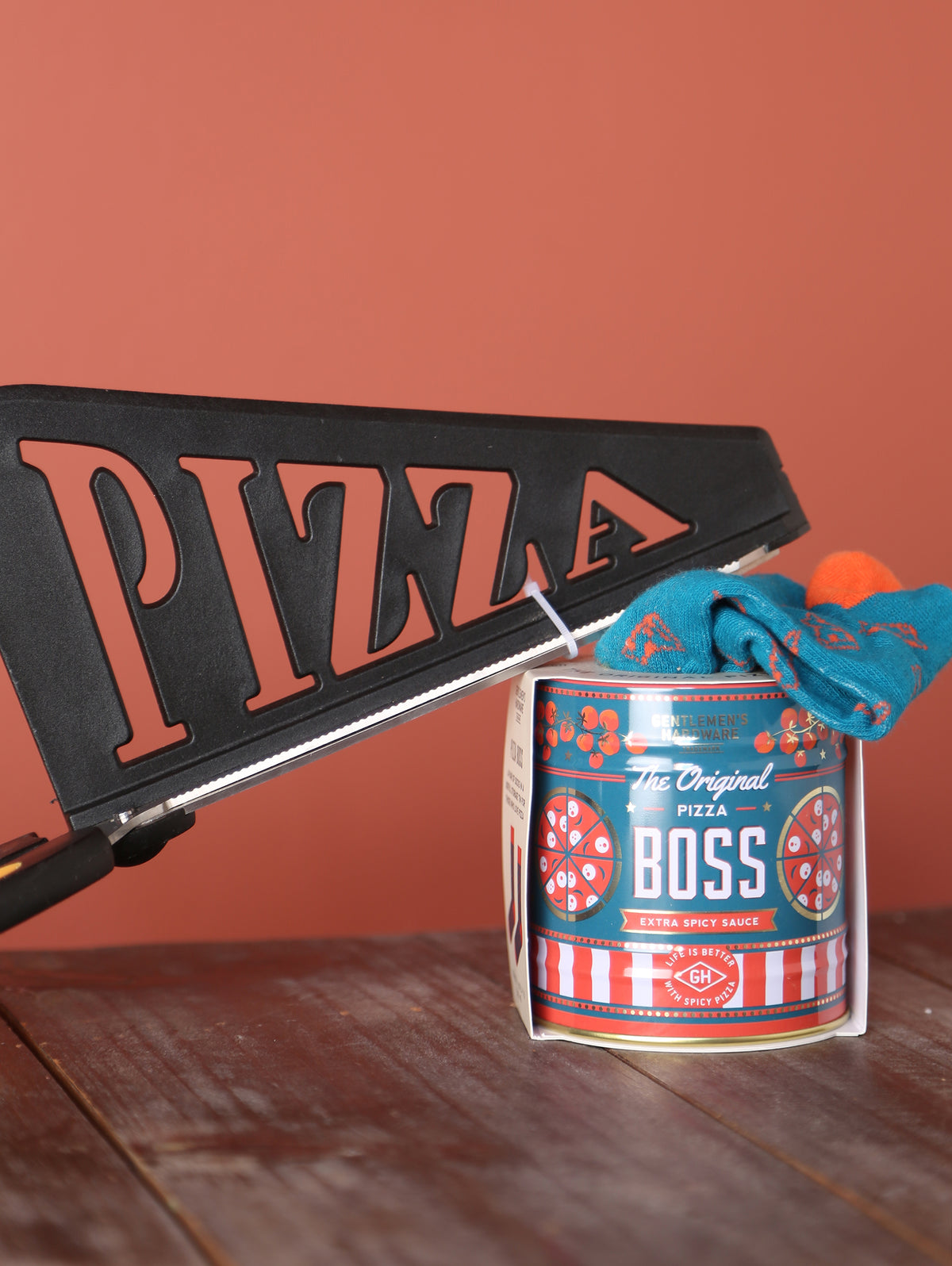 Tin of Pizza Motif Socks &amp; Pizza Scissors Bundle