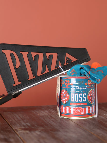 Tin of Pizza Motif Socks &amp; Pizza Scissors Bundle