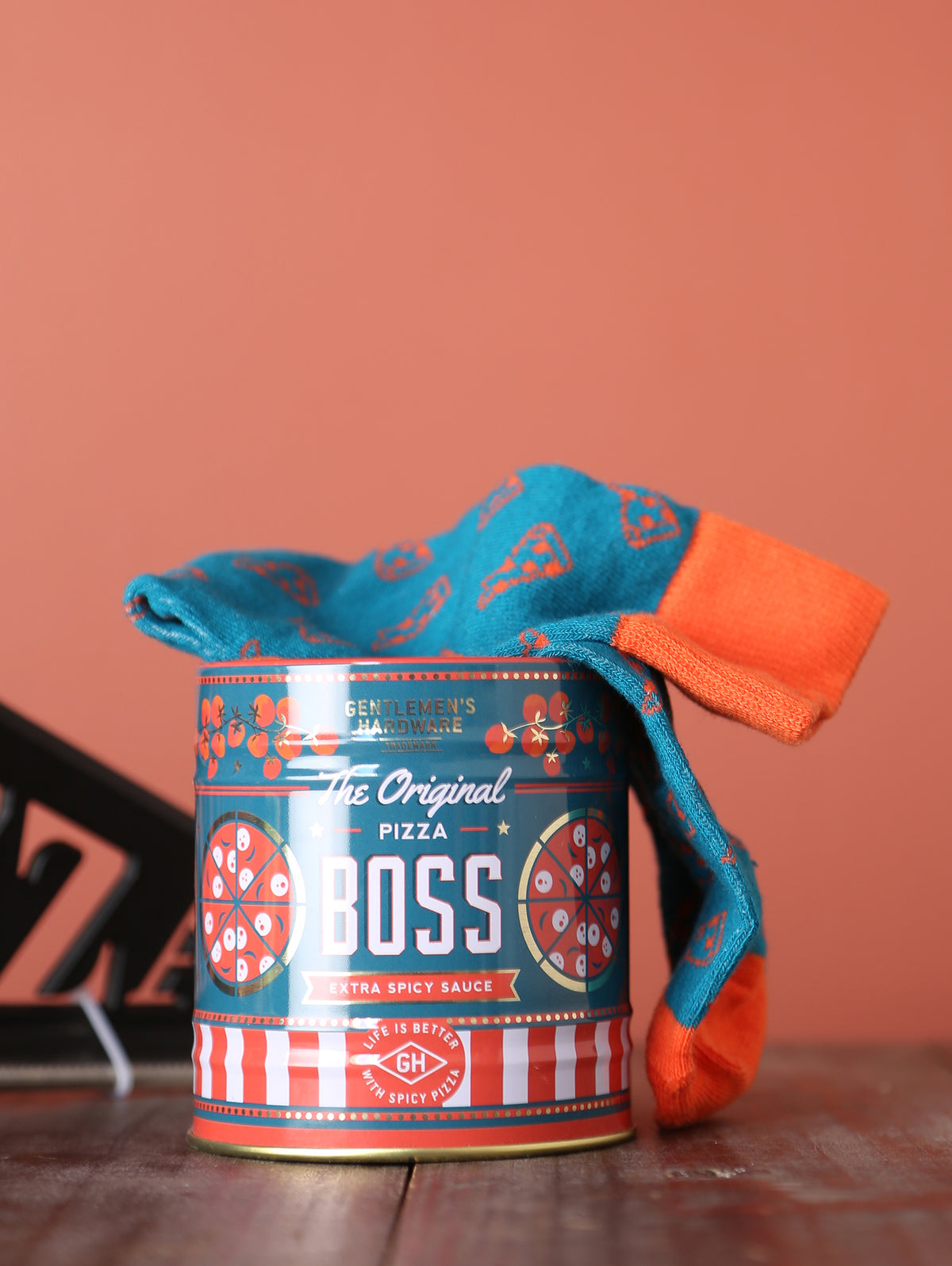 Tin of Pizza Motif Socks &amp; Pizza Scissors Bundle