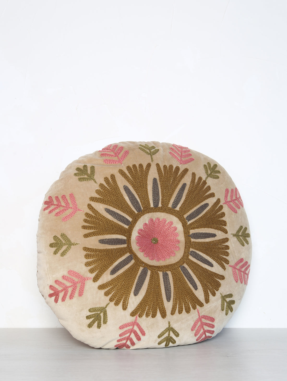 Suzani Floral Embroidered Velvet Bolster Cushion - Peach