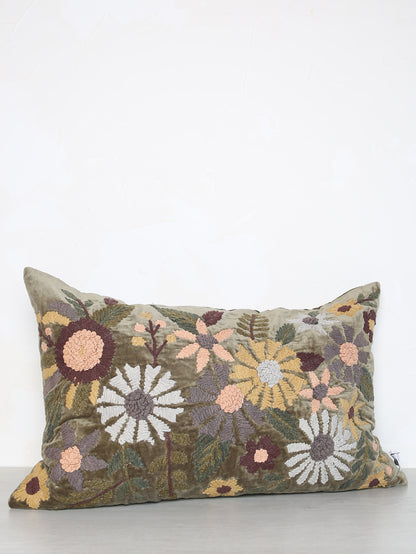 Embroidered Floral Velvet Cushion - Dark Olive, Multi