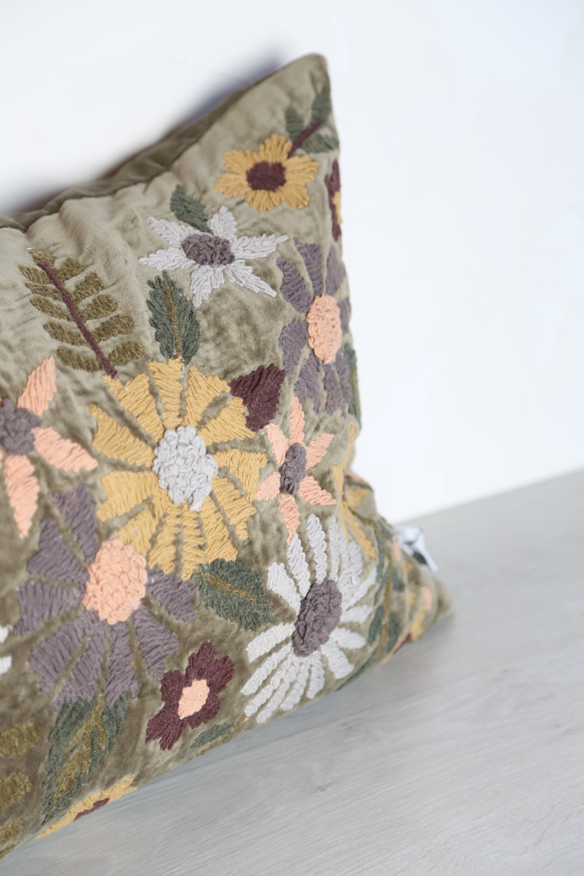 Embroidered Floral Velvet Cushion - Dark Olive, Multi