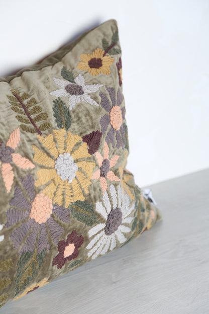 Embroidered Floral Velvet Cushion - Dark Olive, Multi