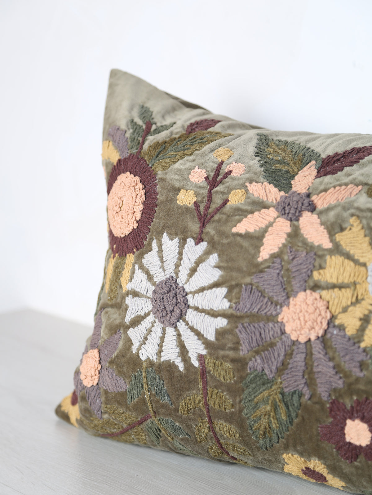 Embroidered Floral Velvet Cushion - Dark Olive, Multi