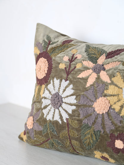 Embroidered Floral Velvet Cushion - Dark Olive, Multi