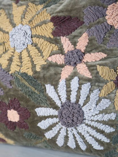 Embroidered Floral Velvet Cushion - Dark Olive, Multi