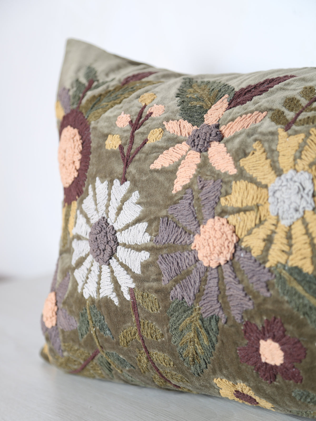 Embroidered Floral Velvet Cushion - Dark Olive, Multi
