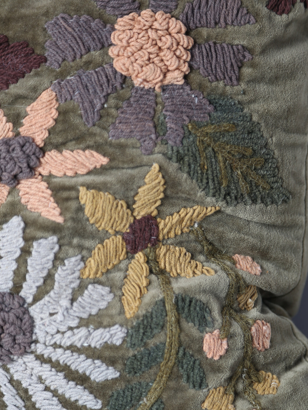 Embroidered Floral Velvet Cushion - Dark Olive, Multi