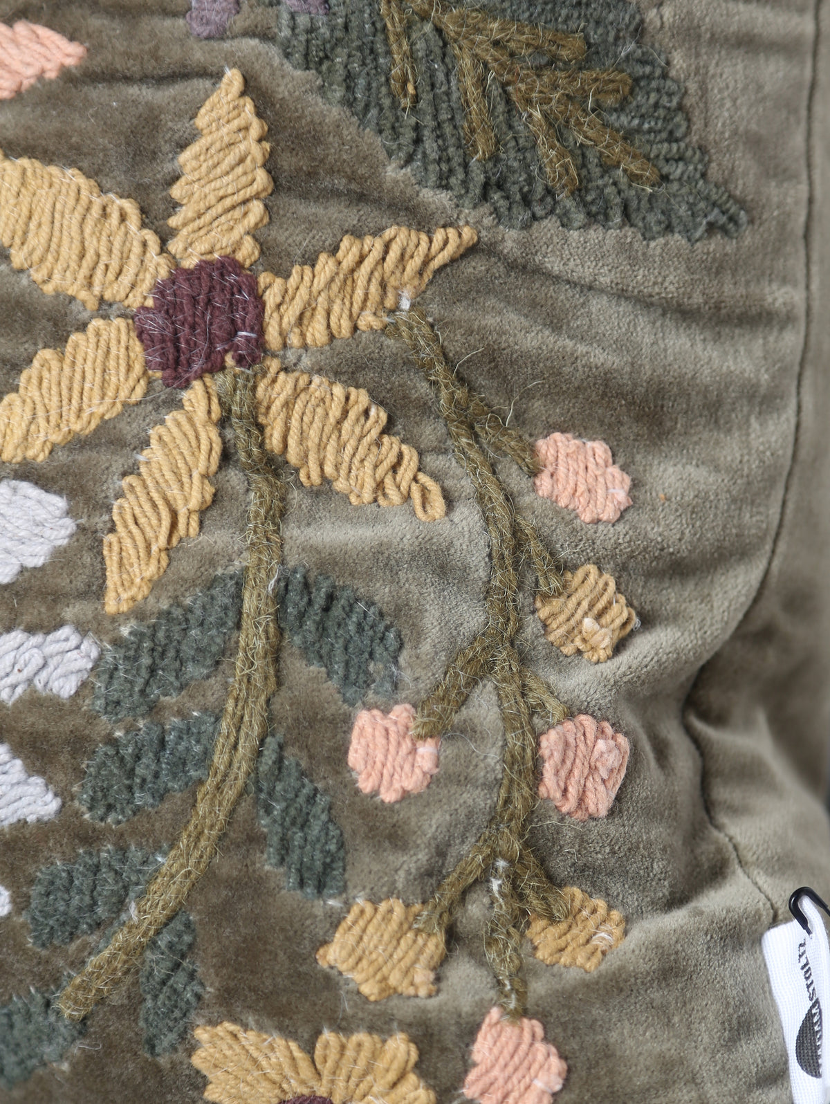 Embroidered Floral Velvet Cushion - Dark Olive, Multi