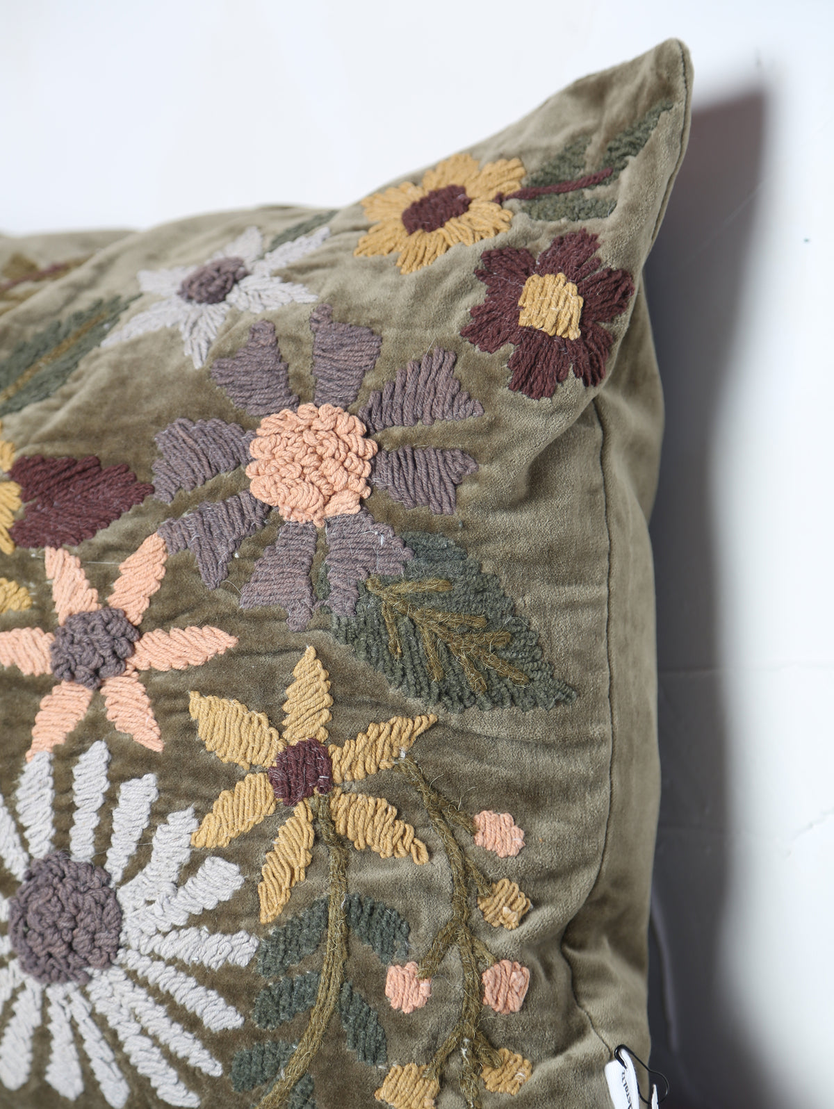 Embroidered Floral Velvet Cushion - Dark Olive, Multi