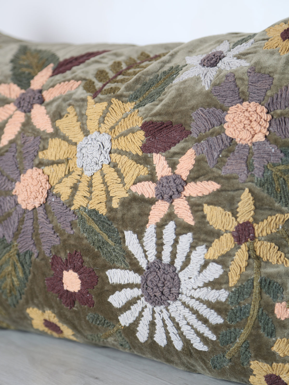 Embroidered Floral Velvet Cushion - Dark Olive, Multi