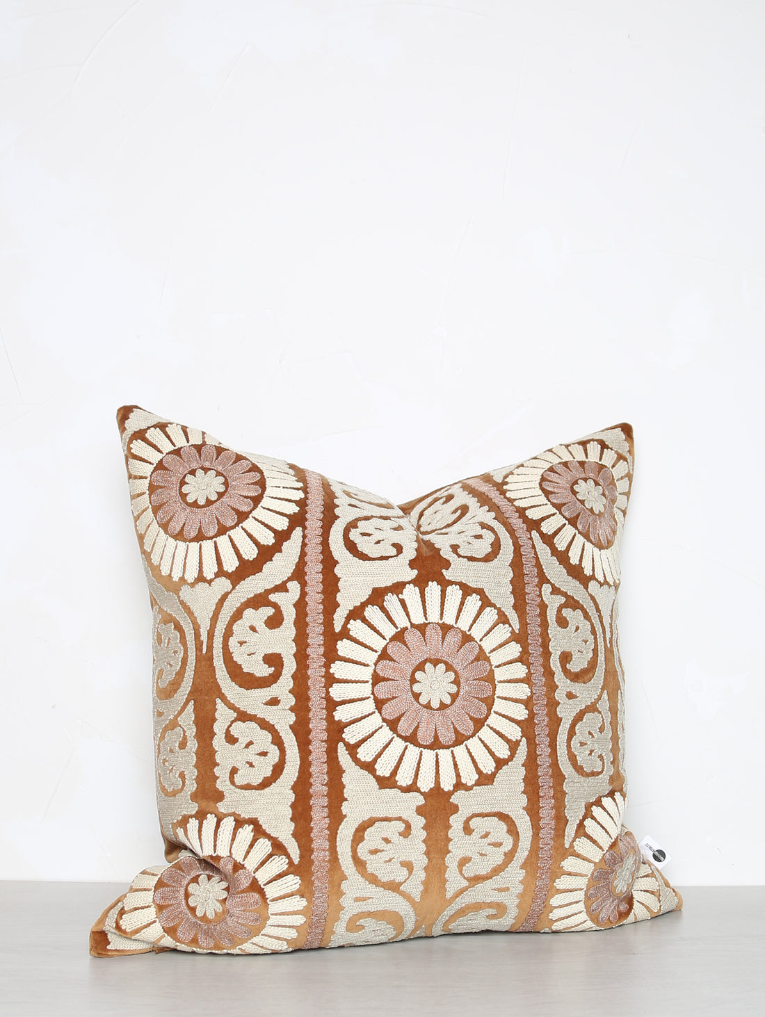 Suzani Embroidered Velvet Cushion - Caramel