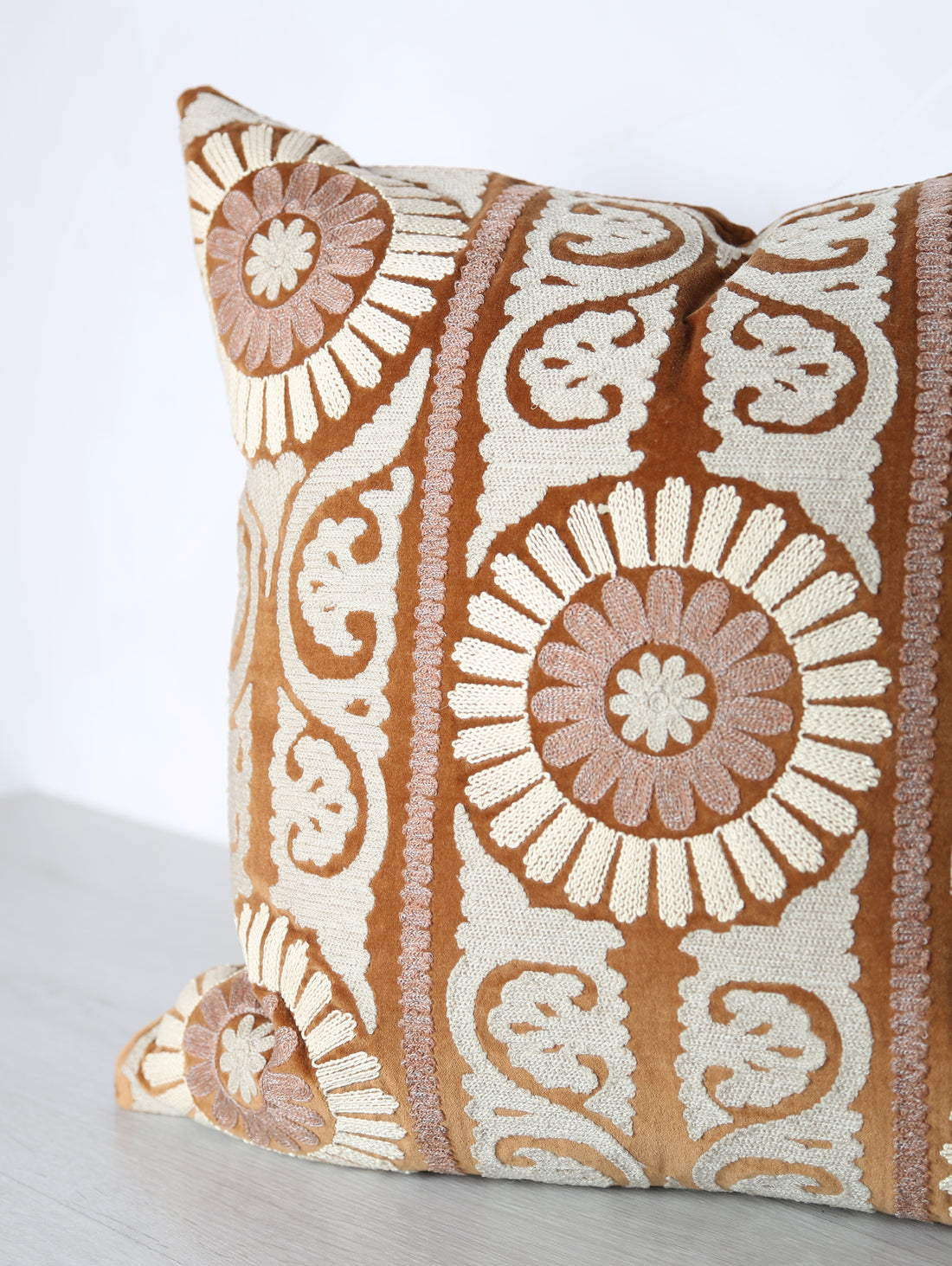Suzani Embroidered Velvet Cushion - Caramel