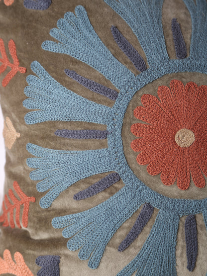 Deep Olive Suzani Embroidered Cushion