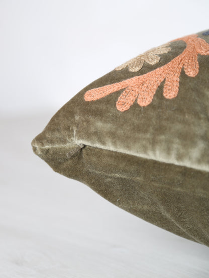 Deep Olive Suzani Embroidered Cushion