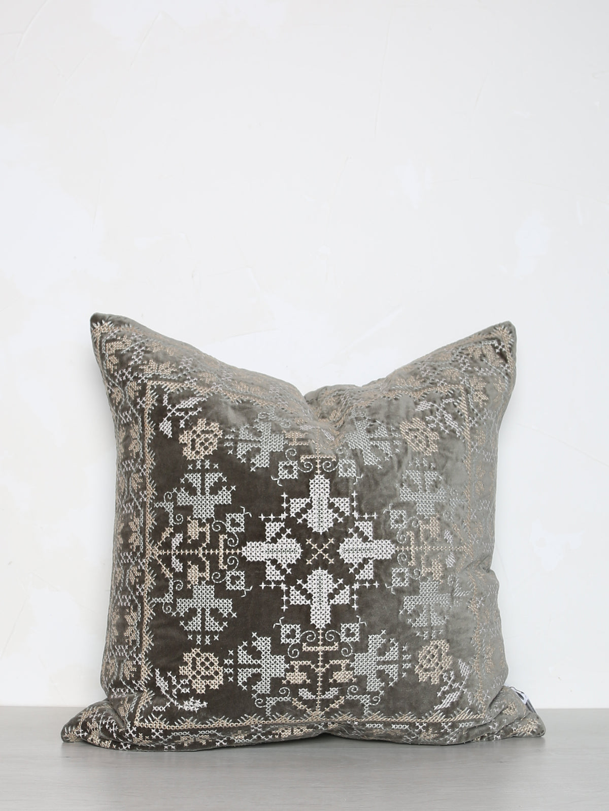 Embroidered Velvet Cushion - Grey, Stone, Mint
