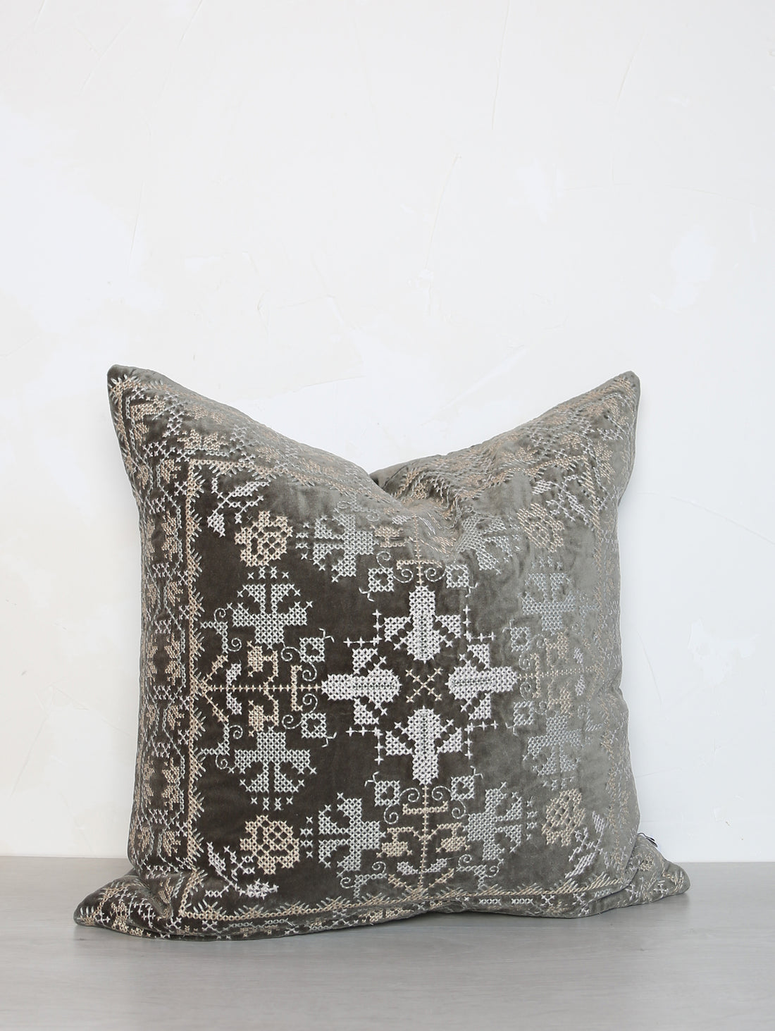 Embroidered Velvet Cushion - Grey, Stone, Mint