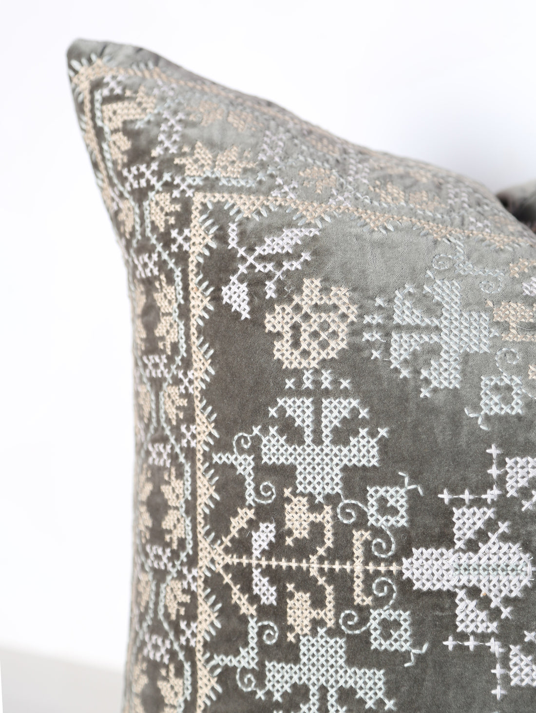 Embroidered Velvet Cushion - Grey, Stone, Mint