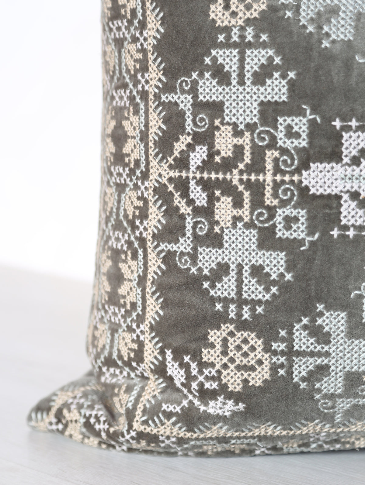 Embroidered Velvet Cushion - Grey, Stone, Mint