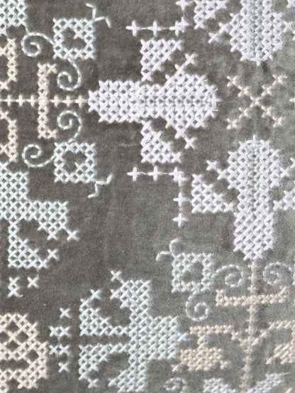Embroidered Velvet Cushion - Grey, Stone, Mint