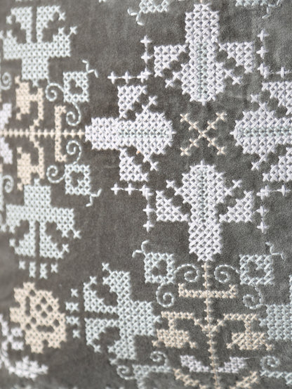 Embroidered Velvet Cushion - Grey, Stone, Mint