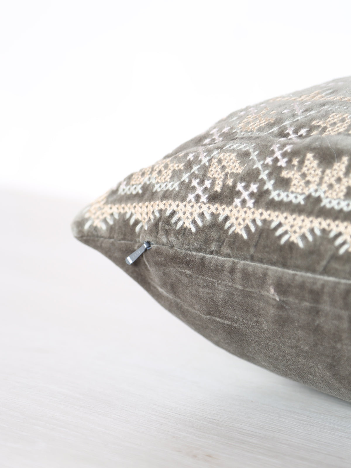 Embroidered Velvet Cushion - Grey, Stone, Mint