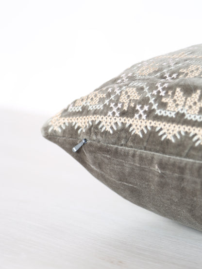 Embroidered Velvet Cushion - Grey, Stone, Mint