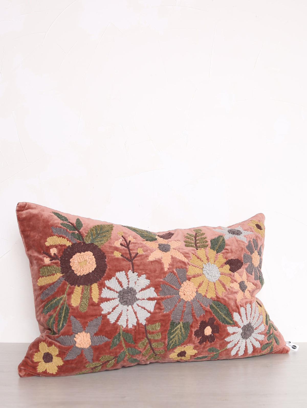 Embroidered Floral Velvet Cushion - Dusty Rose