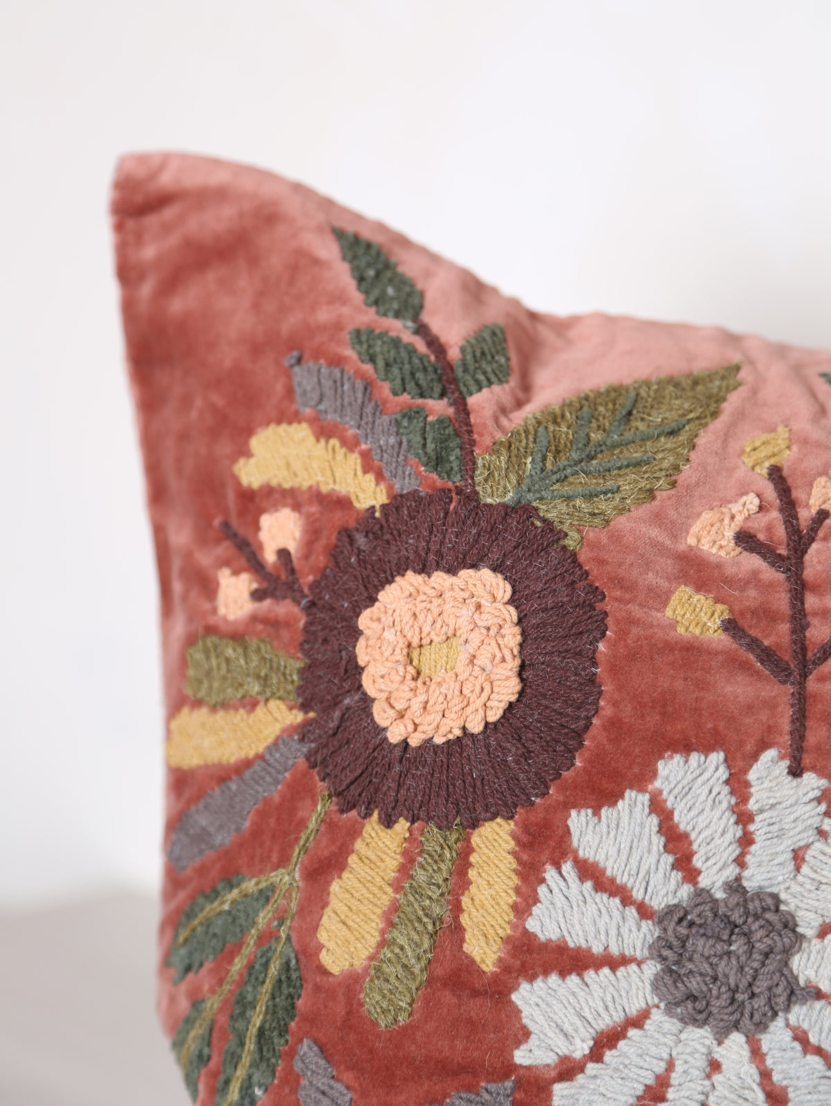 Embroidered Floral Velvet Cushion - Dusty Rose
