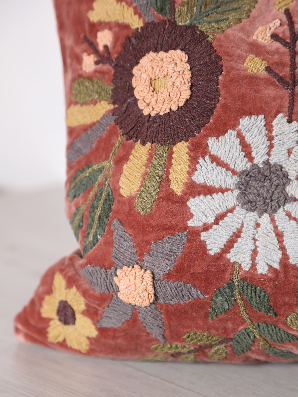 Embroidered Floral Velvet Cushion - Dusty Rose