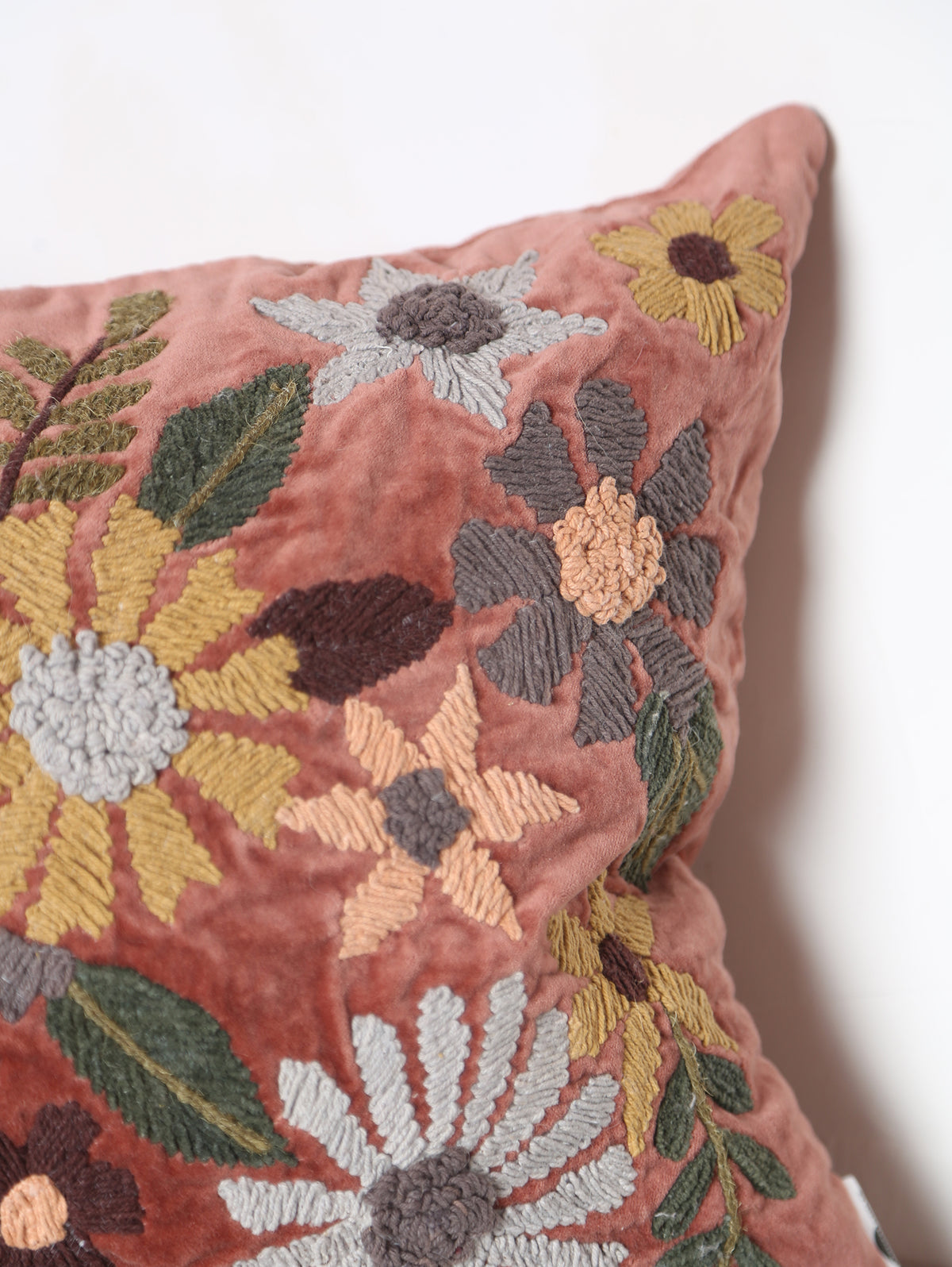 Embroidered Floral Velvet Cushion - Dusty Rose