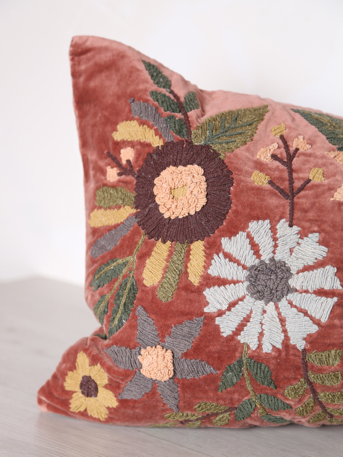 Embroidered Floral Velvet Cushion - Dusty Rose