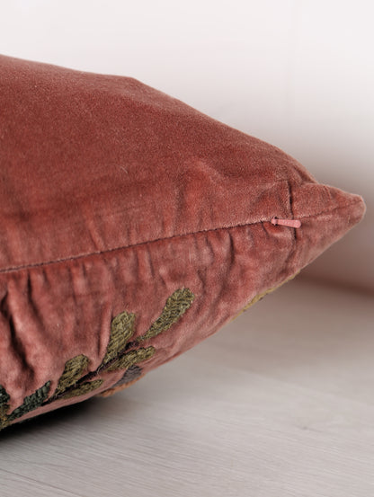 Embroidered Floral Velvet Cushion - Dusty Rose