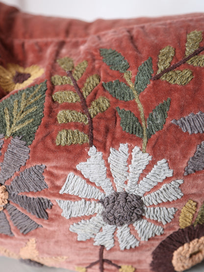 Embroidered Floral Velvet Cushion - Dusty Rose