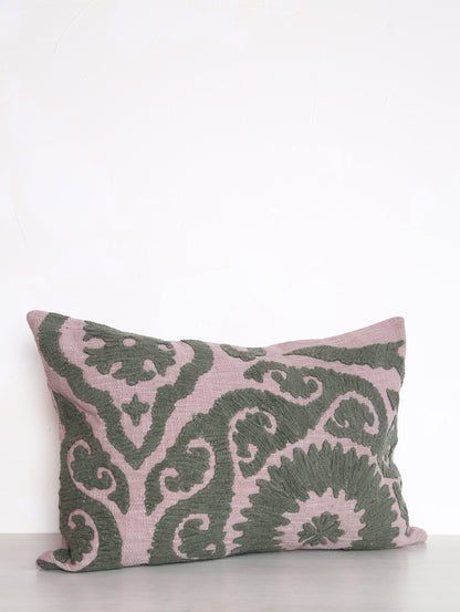 Suzani Embroidered Velvet Cushion - Lilac, Green