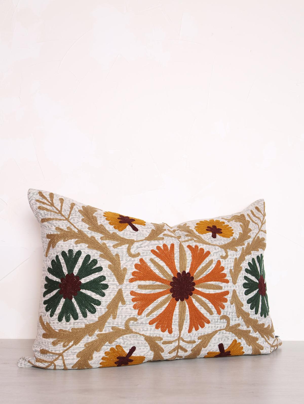 Embroidered Floral Velvet Cushion - Mustard, Orange