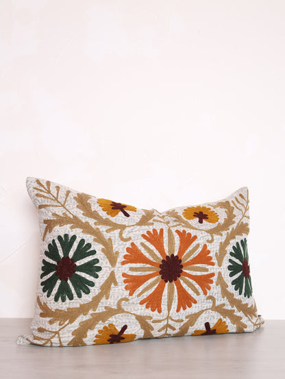 Embroidered Floral Velvet Cushion - Mustard, Orange