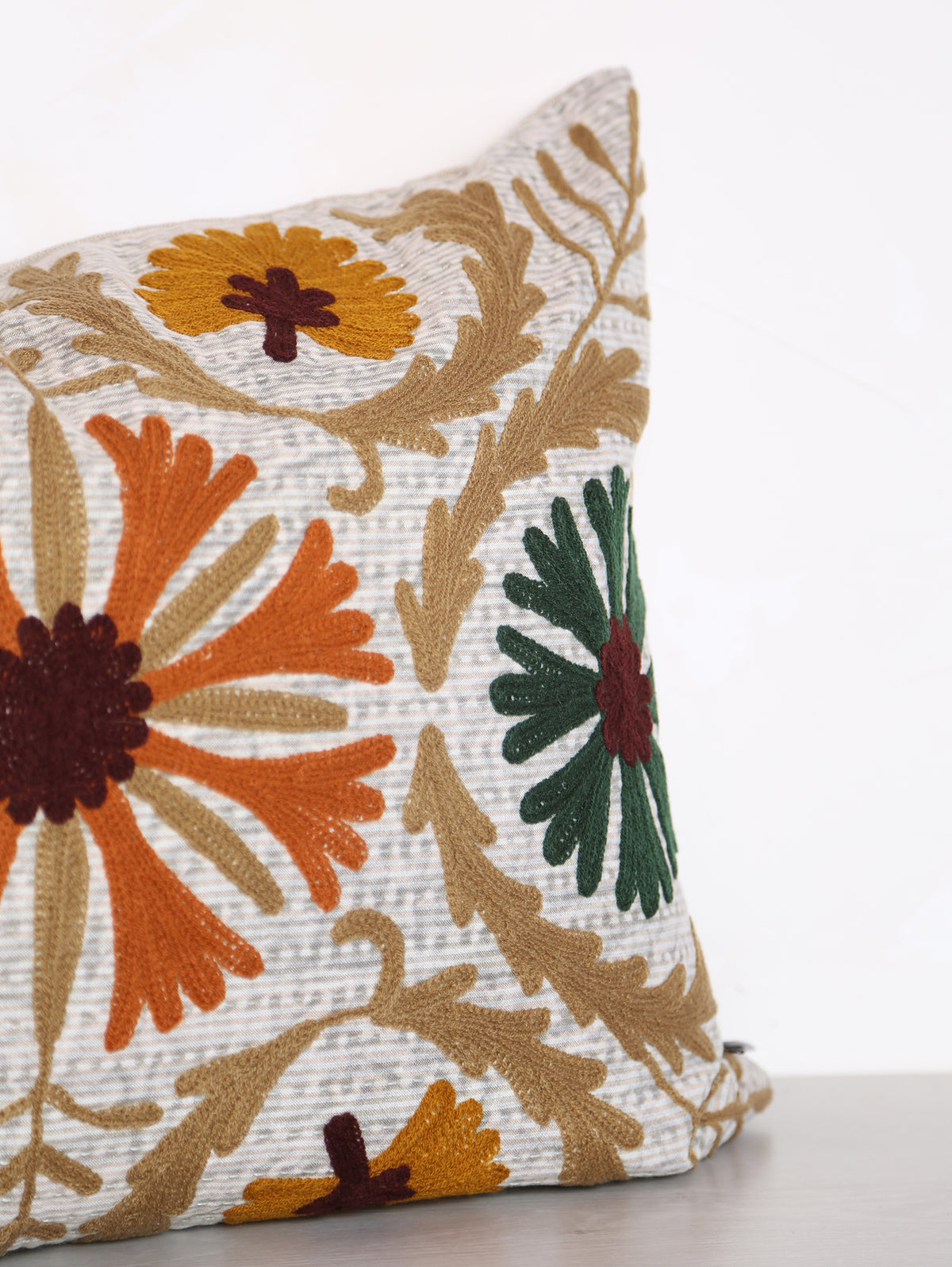Embroidered Floral Velvet Cushion - Mustard, Orange