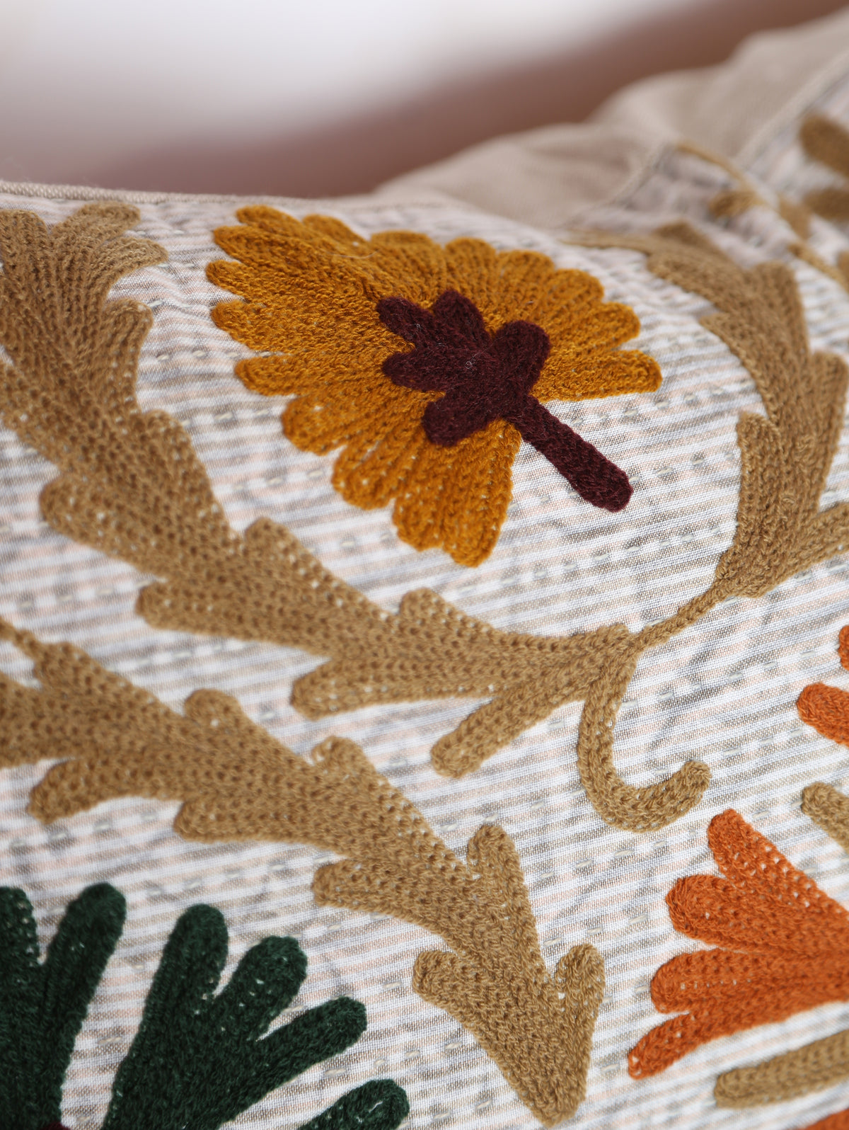 Embroidered Floral Velvet Cushion - Mustard, Orange