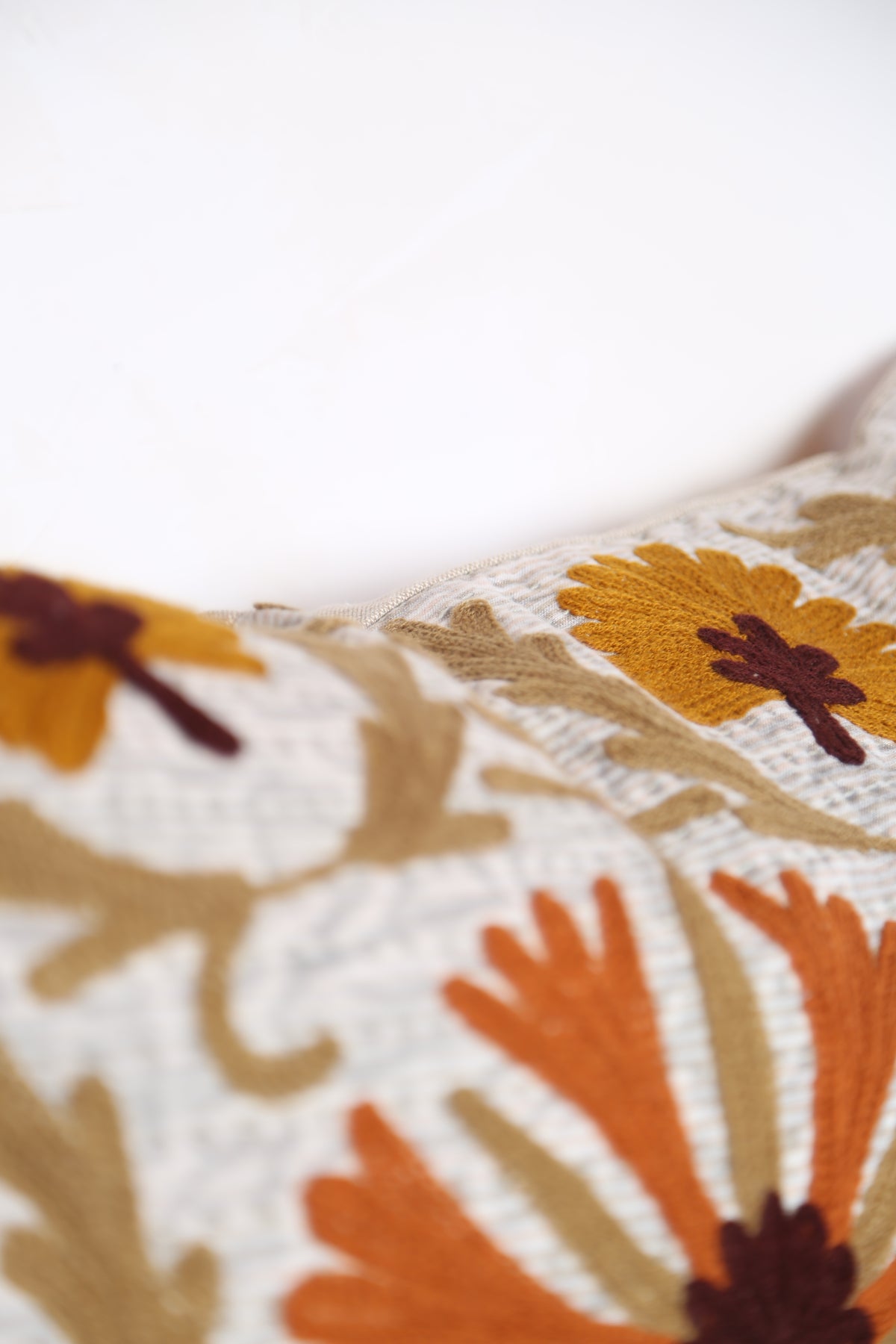 Embroidered Floral Velvet Cushion - Mustard, Orange