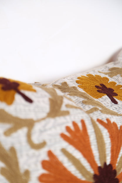 Embroidered Floral Velvet Cushion - Mustard, Orange