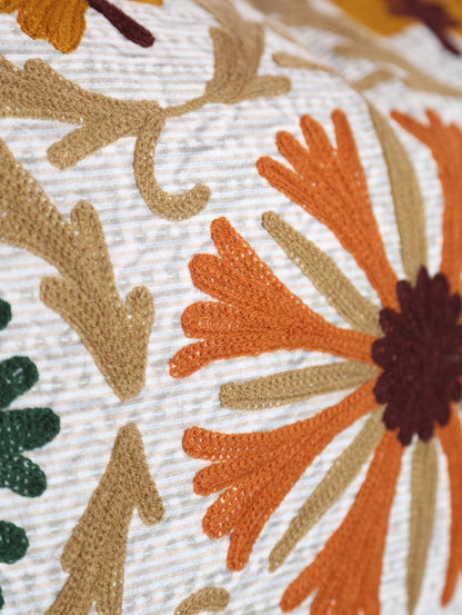 Embroidered Floral Velvet Cushion - Mustard, Orange