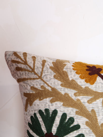 Embroidered Floral Velvet Cushion - Mustard, Orange