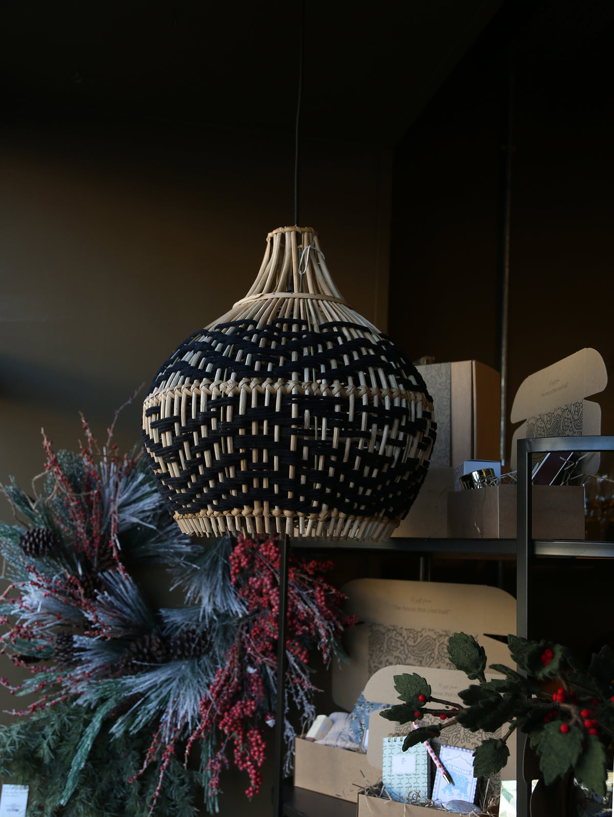 Bamboo Lamp Shade - Woven Black Cotton