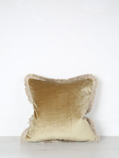 Elodie Velvet Fringed Cushion - Dusty Olive - 43 X 43cm
