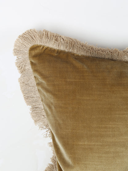Elodie Velvet Fringed Cushion - Dusty Olive - 43 X 43cm
