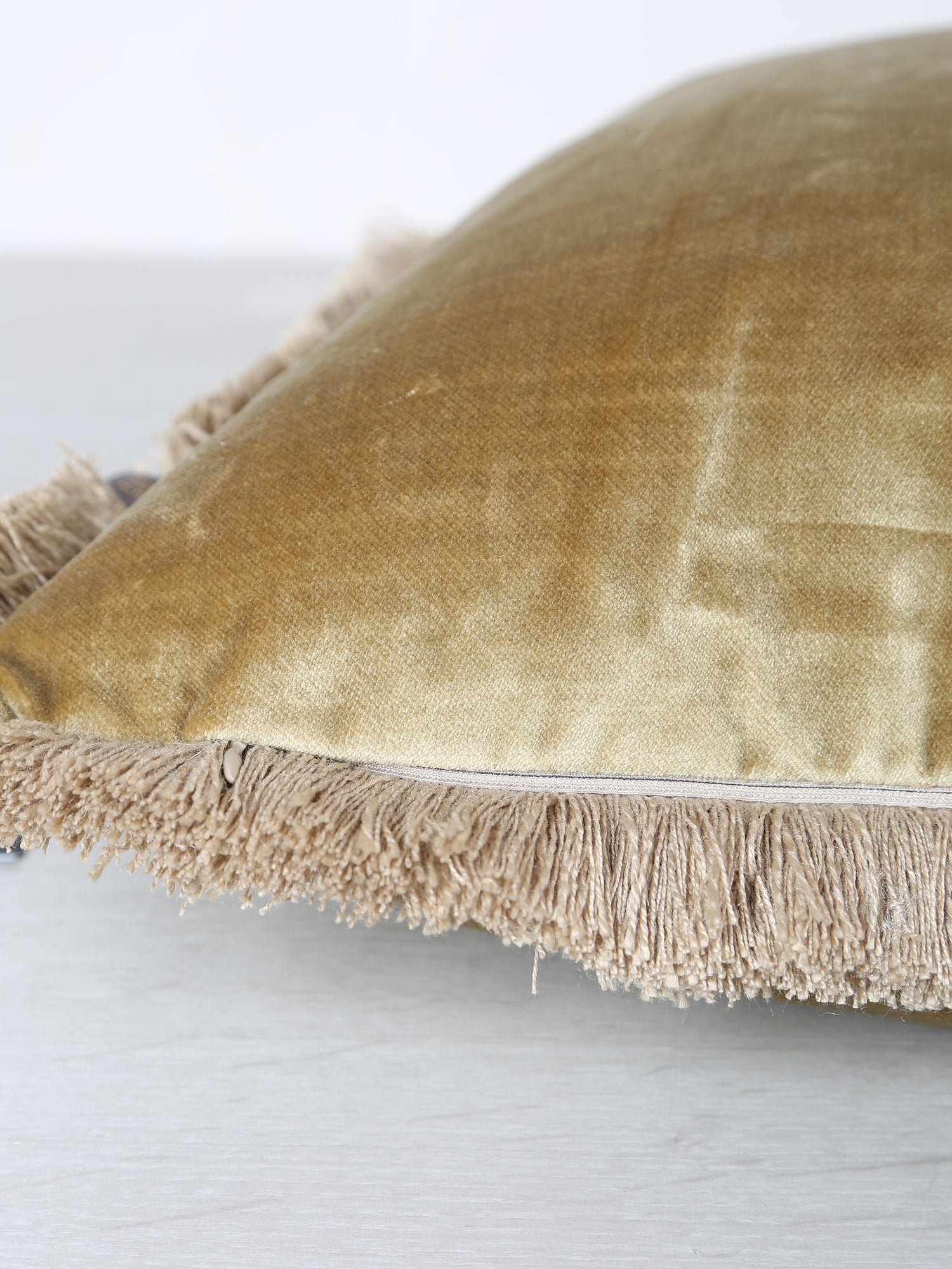 Elodie Velvet Fringed Cushion - Dusty Olive - 43 X 43cm