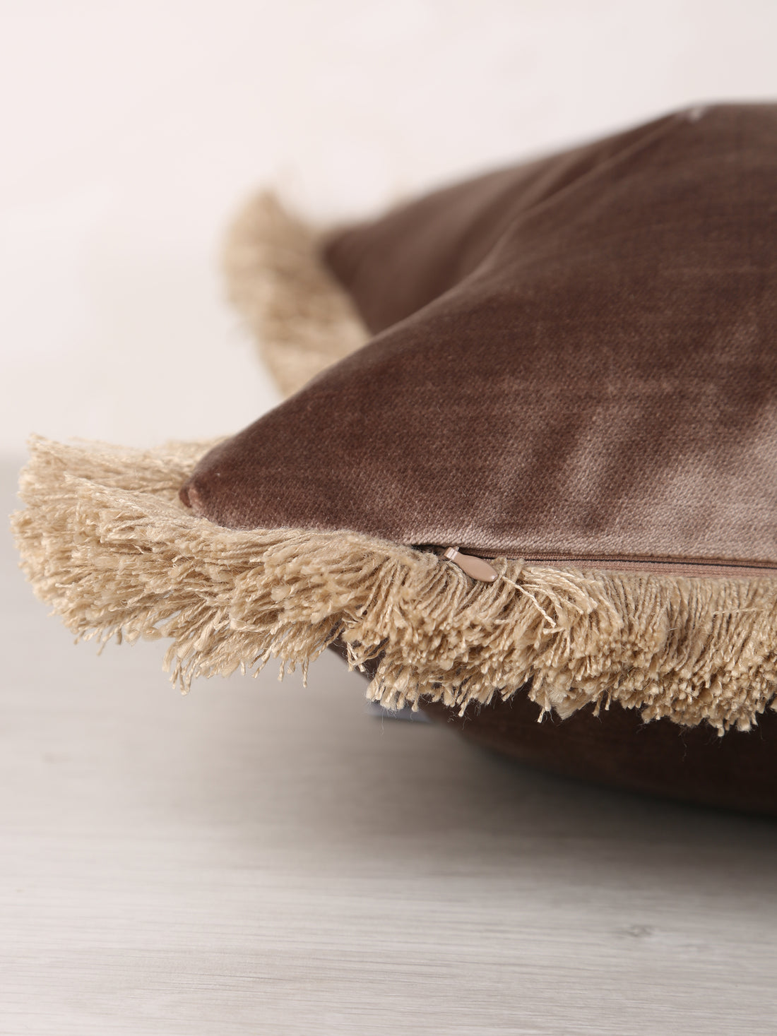 Elodie Velvet Fringed Cushion - Cappuccino - 2 Sizes Available