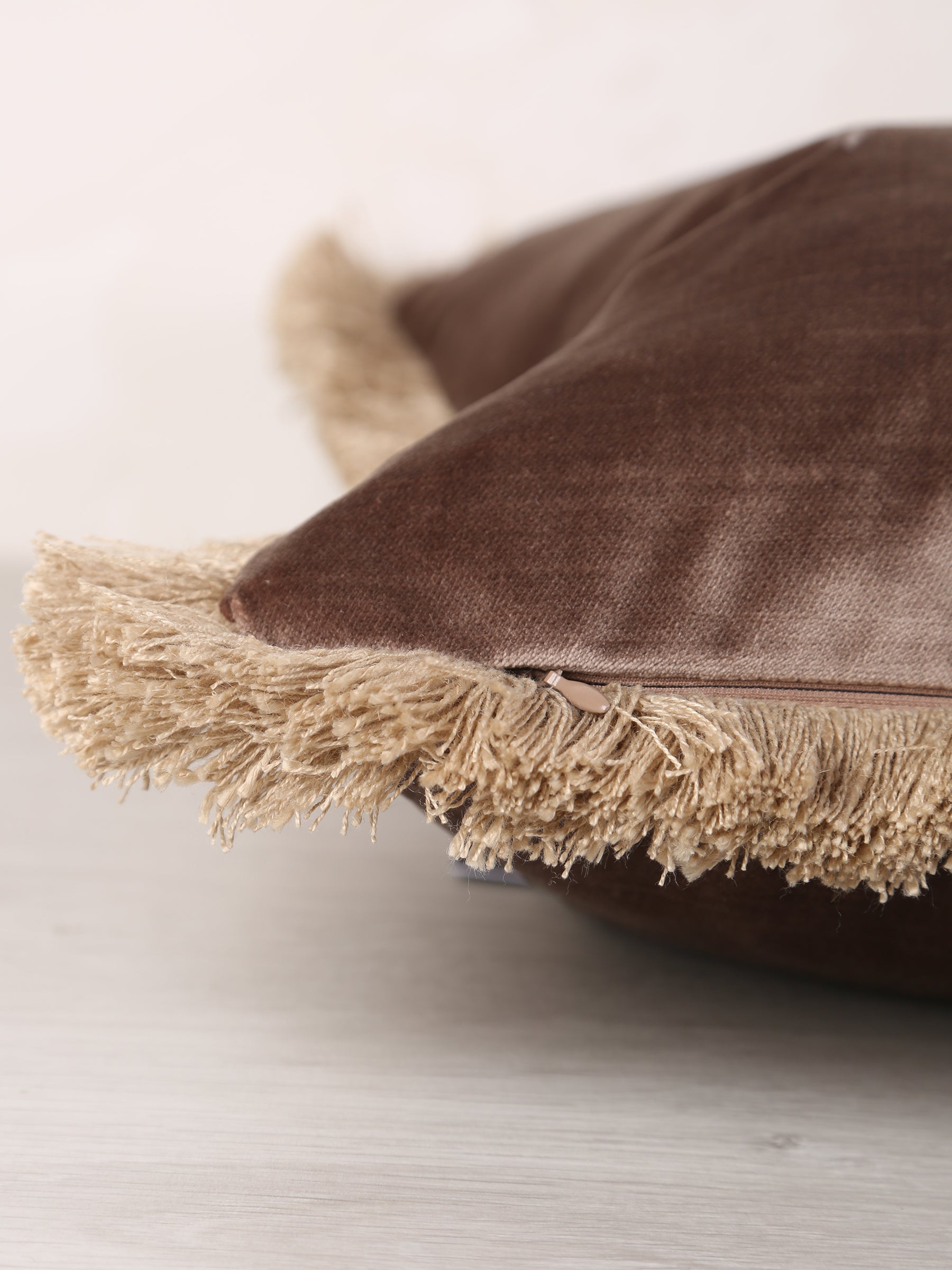 Elodie Velvet Fringed Cushion - Cappuccino - 43 X 43cm