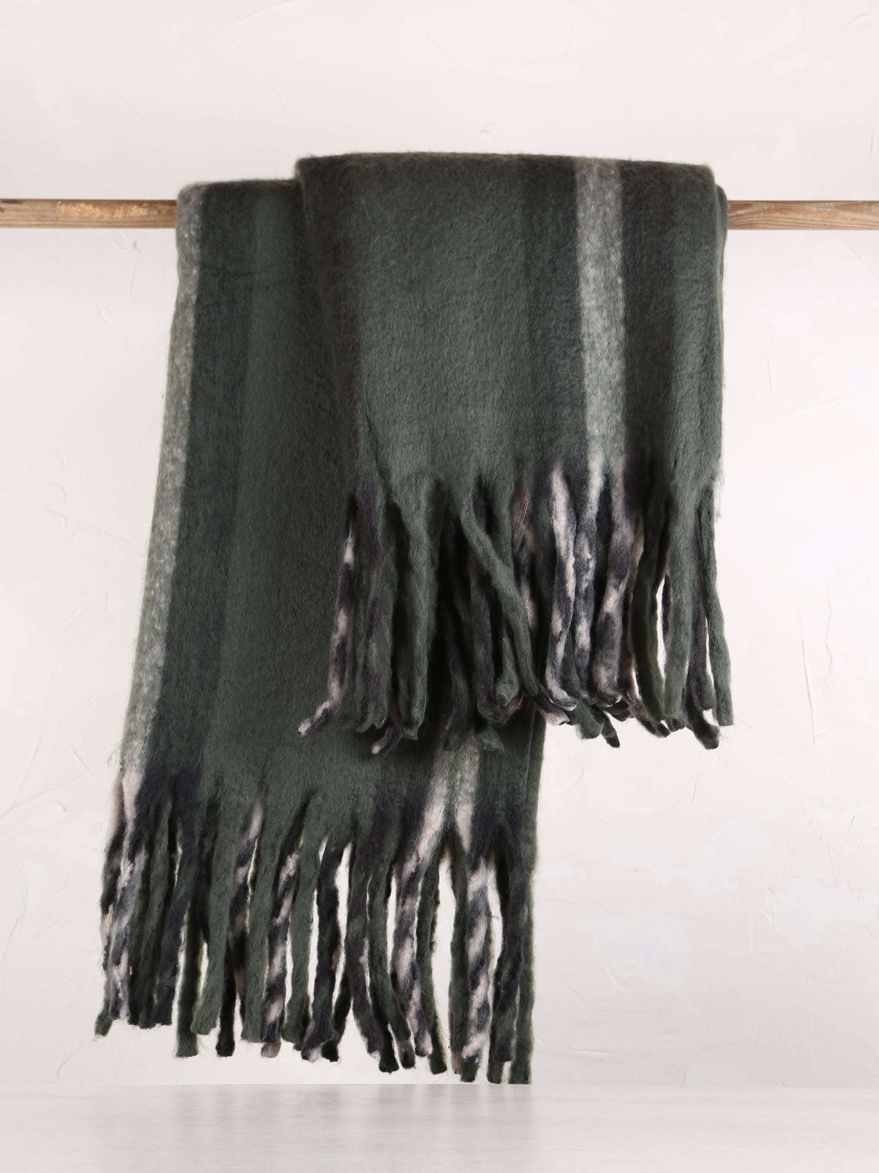 Isabel Recycled Striped Fringed Throw - Olive, Sage